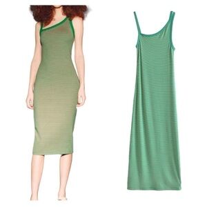 ZARA Asymmetric Bodycon MIDI Cotton Dress Green Pink striped Sz L